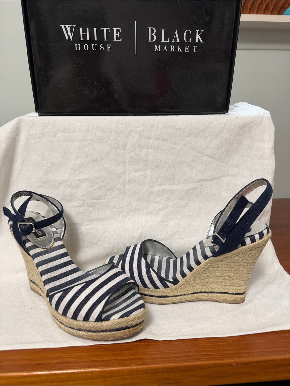 White House Black Market Navy & White Striped Espadrille Wedge Sandals